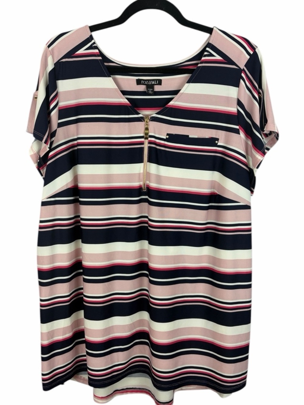 Roz & Ali 2X Striped Zip Front Blouse Pink Navy White Business Casual Top